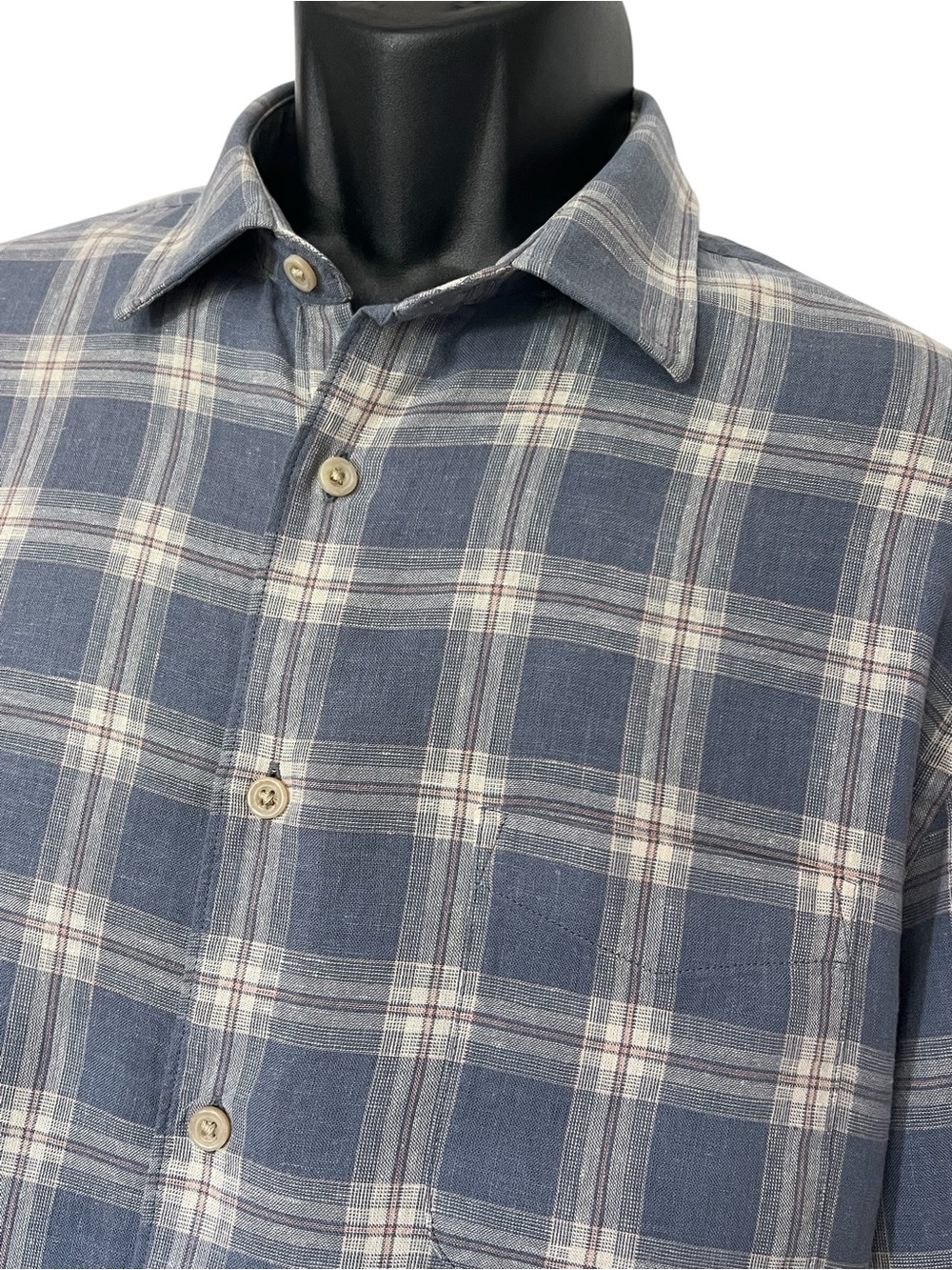 Faherty Linen Blend Shirt Large Blue Plaid Button-up Lightweight Coastal Travel - Picture 4 of 15